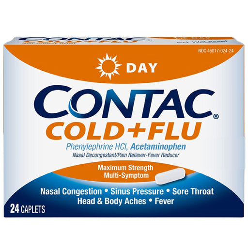 Meda Consumer Healthcare Contac Cold and Flu Day Non-Drowsy Formula Maximum Strength Caplets 24 Count | Mountainside Medical Equipment 1-888-687-4334 to Buy