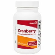 White bottle of cranberry dietary supplement with red and orange label indicating 500 mg capsules, 60 capsules, for urinary health support