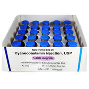 Cyanocobalamin Injection 1000 mcg vials for vitamin B12 deficiency, supporting energy metabolism and nerve health maintenance.