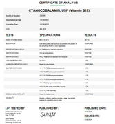 Laboratory certificate of analysis for cyanocobalamin USP, showing test results, specifications, and certification details