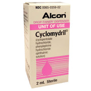 Alcon Cyclomydril eye drops 2 mL sterile box with pink and white packaging for pupil dilation during eye exams and procedures