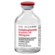 Close-up of Cyclophosphamide 500 mg vial with red cap, designed for intravenous infusion or direct injection, used in cancer therapy