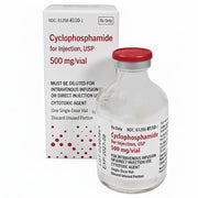 Clear glass vial with red cap containing Cyclophosphamide 500 mg for injection, box with similar labeling, used for chemotherapy treatment