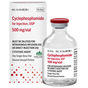Vial of Cyclophosphamide 500 mg for injection with red cap, alongside packaging box labeled for intravenous chemotherapy use