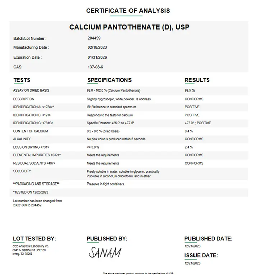 Certificate of analysis for D-Calcium Pantothenate USP For Compounding (API)