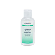 Clear plastic bottle of DawnMist rinse-free shampoo and body wash with white label, green accents, and flip cap, 2oz size for on-the-go hygiene
