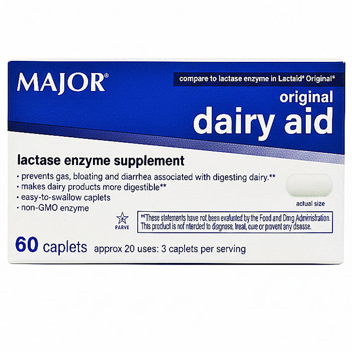 Dairy Aid Lactase Enzyme Supplement 9000 IU Gas, Bloating, Cramps and Diarrhea Relief 60 Caplets Default Title
