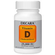 White container of Decara Vitamin D3 25,000 IU Vegicaps with gray label, high potency supplement for bone and immune support, SKU: 67112-901-00