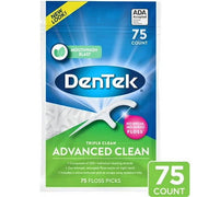 Blue and green packaging of DenTek Triple Clean Dental Floss Picks with Mouthwash Blast Flavor, 75-count, featuring a micro-textured floss for plaque removal