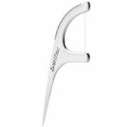 White dental floss pick with curved handle and floss strand, branded with DenTek, designed for effective interdental cleaning and gum health