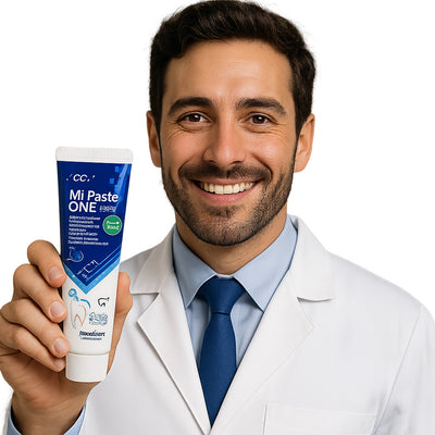 Dentist holding a tube of Mi Paste One toothpaste