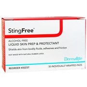 Red and white box of StingFree liquid skin prep and protectant, 50 individually wrapped pads for skin barrier protection in medical supplies.