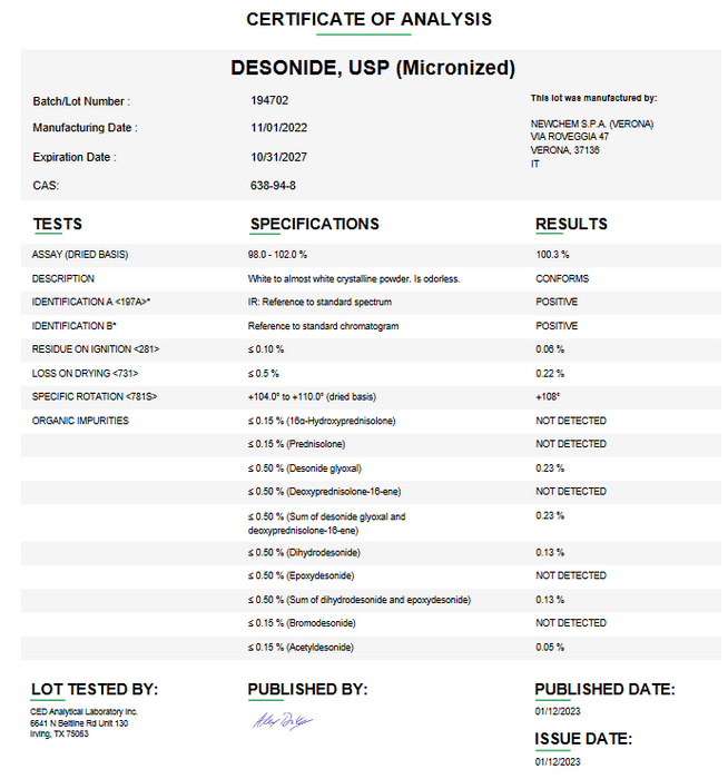 Certificate of Analysis for Desonide USP (Micronized) For Compounding (API)