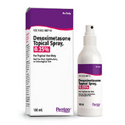 Purple and white box of Desoximetasone Topical Spray 0.25% with spray bottle, used for psoriasis and eczema treatment, 100ml, SKU: 45802-0807-98