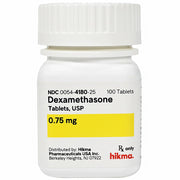 White bottle of Dexamethasone 0.75 mg tablets with label showing NDC 0054-4180-25, 100 tablets, and yellow highlight for dosage