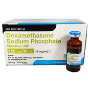 Dexamethasone Sodium Phosphate Injection tray and vial used for anti-inflammatory treatment of allergies, arthritis, and adrenal disorders.