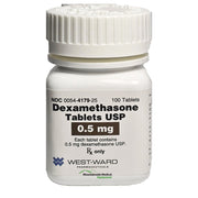 White plastic bottle of Dexamethasone Tablets 0.5 mg with black text label, screw cap, used for allergy and inflammation treatment, SKU: 00054-8179-25