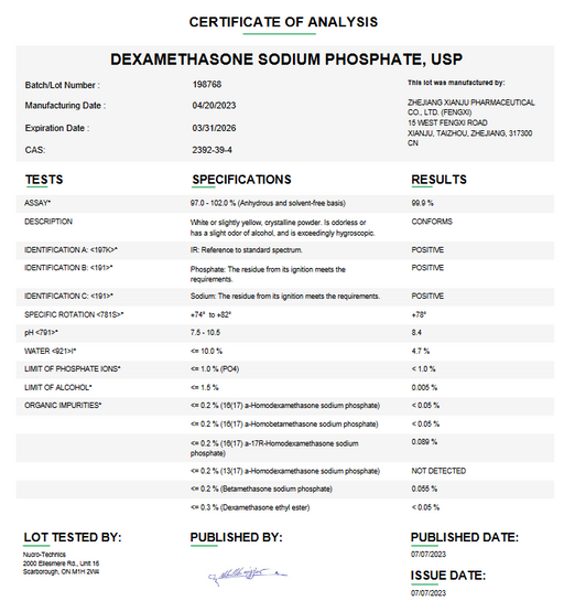 Dexamethasone Sodium Phosphate USP Certificate of Analysis