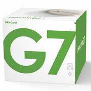 White box with green G7 logo and Dexcom branding, packaging for Dexcom G7 Sensor continuous glucose monitor, side view with product illustration