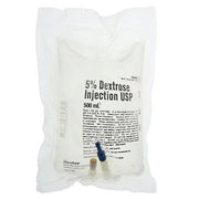 Dextrose 5% for Injection 500 ml by Baxter 2B0063Q, used for fluid replacement, energy supply, and maintaining blood sugar levels in patients.