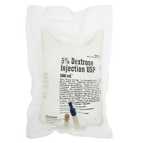 Dextrose 5% for Injection 500 ml by Baxter 2B0063Q, used for fluid replacement, energy supply, and maintaining blood sugar levels in patients.