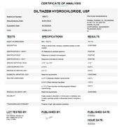 Certificate of Analysis for Diltiazem Hydrochloride USP For Compounding (API)