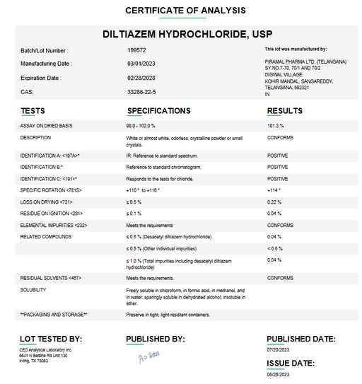 Certificate of Analysis for Diltiazem Hydrochloride USP For Compounding (API)