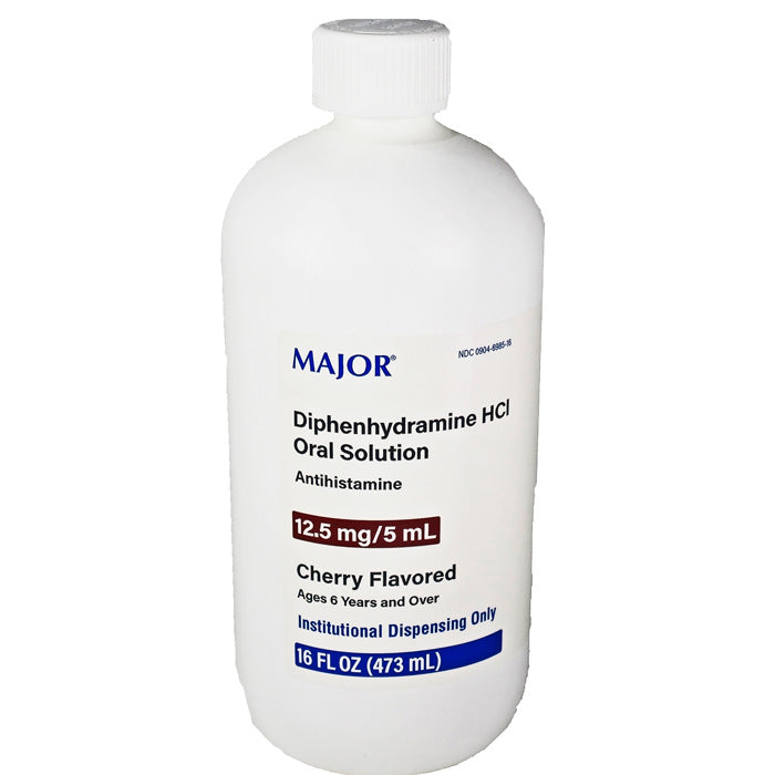 Diphenhydramine HCI 12.5 mg Oral Solution by Major, cherry flavor, provides effective relief for allergy and cold symptoms.