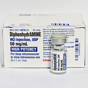 Diphenhydramine Injection 50 mg vial and box, used for rapid relief in allergic reactions and anaphylaxis, features detailed dosage instructions.