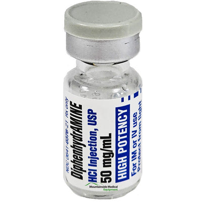 Diphenhydramine Injection 50 mg vial for rapid allergy relief and anaphylaxis treatment, showing essential dosage information.