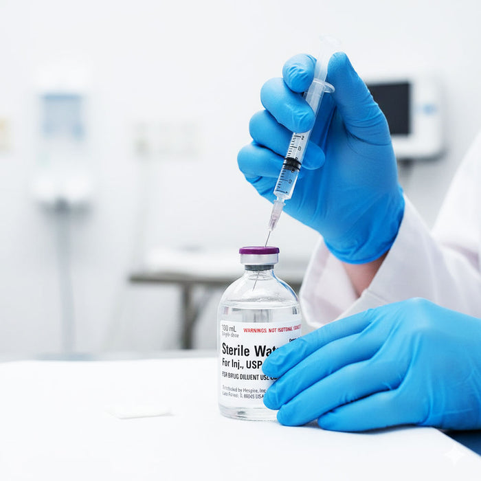 Doctor getting ready a Vial of Sterile water for injection by Pfizer