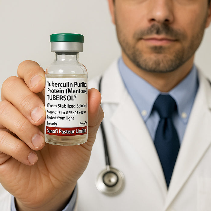 Doctor holding Tubersol Tuberculin Purified Protein Derivative (Mantoux) Vial