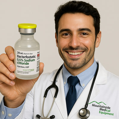 Doctor holding a vial of Bacteriostatic Sodium Chloride 0.9% Injection