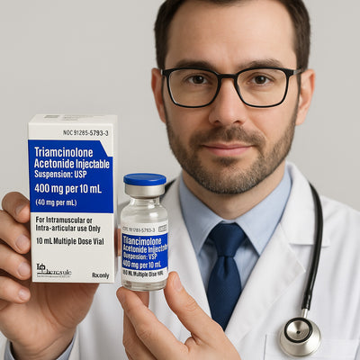 Doctor holding a vial of Triamcinolone Acetonide Injection 40 mg
