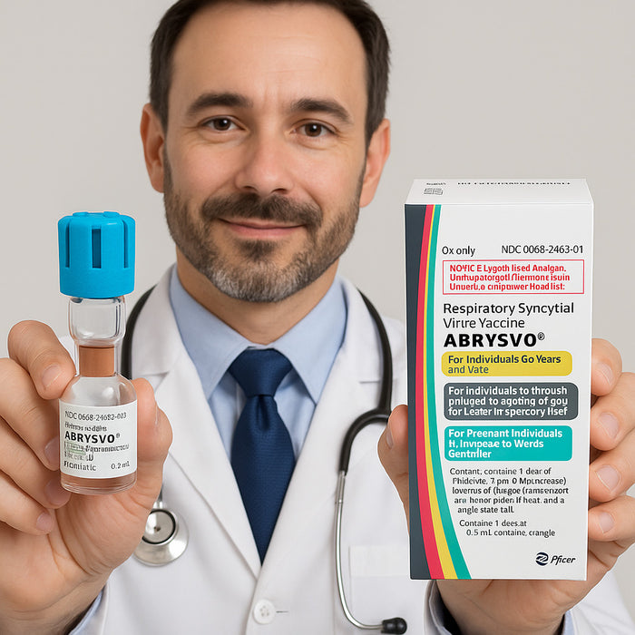 Doctor holding the Abrysvo RSV Vaccine by Pfizer