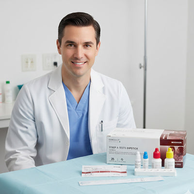 Doctor with a Rapid Strep A Testing Kit in his medical office.
