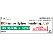 Dopamine Hydrochloride Injection Package Label detailing critical cardiac, blood pressure, and shock management instructions for healthcare use.