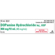 Dopamine Injection Package Label for critical care, showing dosage for heart failure, blood pressure support, and shock management.