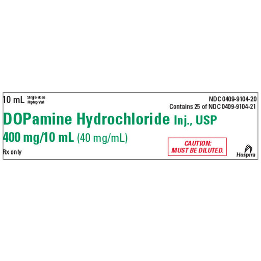 Dopamine Injection Package Label for critical care, showing dosage for heart failure, blood pressure support, and shock management.