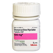 White plastic bottle of Doxycycline Hyclate 100 mg tablets with label showing pink dosage highlight, Rx only, 50 tablets, distributed by Hikma