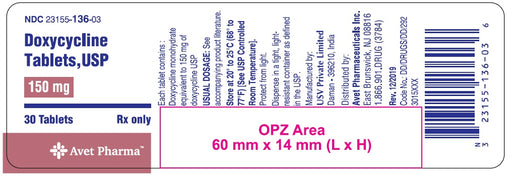 Package Label with Drug Facts for Doxycycline Monohydrate 150 mg Tablets  23155-0136-03