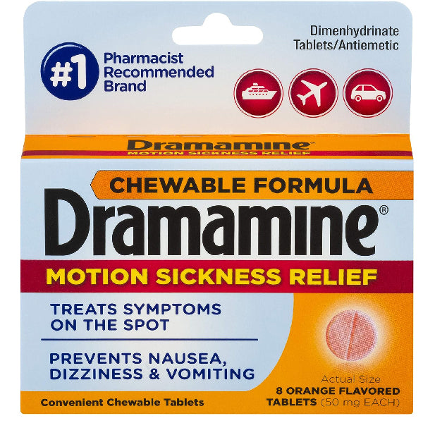MedTech Dramamine Chewable Tablets for Motion Sickness Relief 8 Count | Buy at Mountainside Medical Equipment 1-888-687-4334