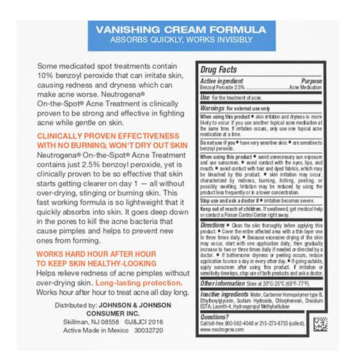 Drug Facts Panel for Neutrogena On-The-Spot Acne Spot Treatment Medication
