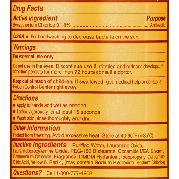 Drug Facts panel for Antibacterial Soap Liquid Pump Bottle displaying active ingredients, usage instructions, and hand hygiene benefits.