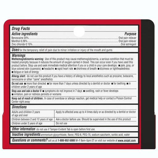 Drug Facts Panel for Orajel 3X Medicated Toothache and Gum Instant Pain Relief Gel
