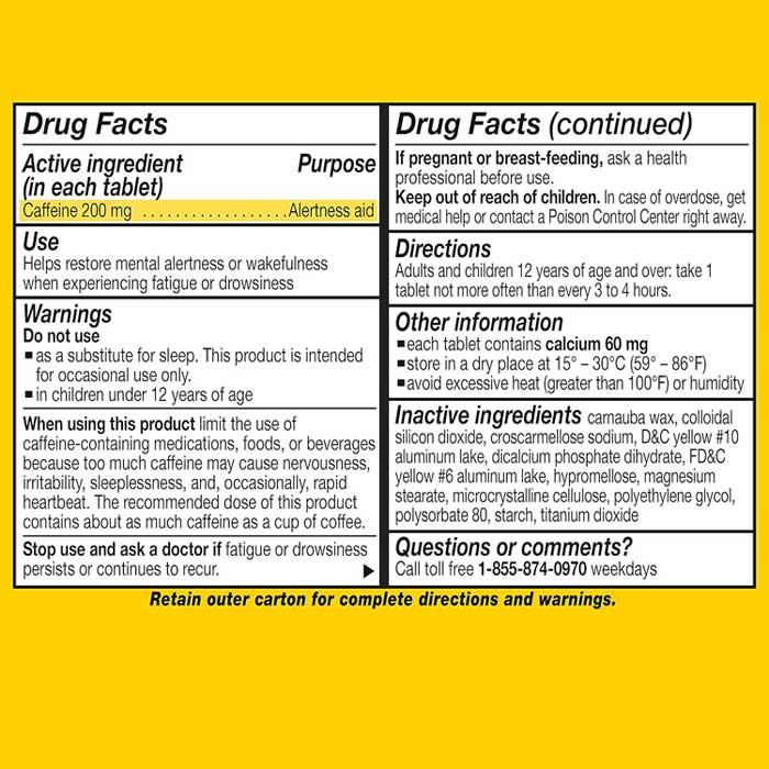 Drug Facts for Vivarin Caffeine Pills 200 mg