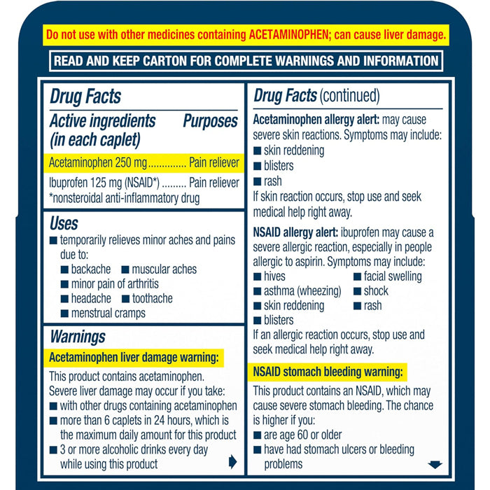 Drugs Facts for Advil Dual Action Tablets 250mg Ibuprofen and 125mg Acetaminophen Per Dose for 8 Hours Relief,