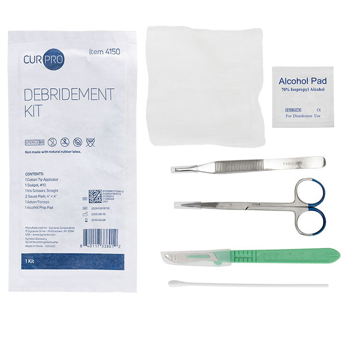 Debridement Kit with Scalpel, Iris Scissors, Adson Forceps, Prep pad & Cotton Swab, Sterile