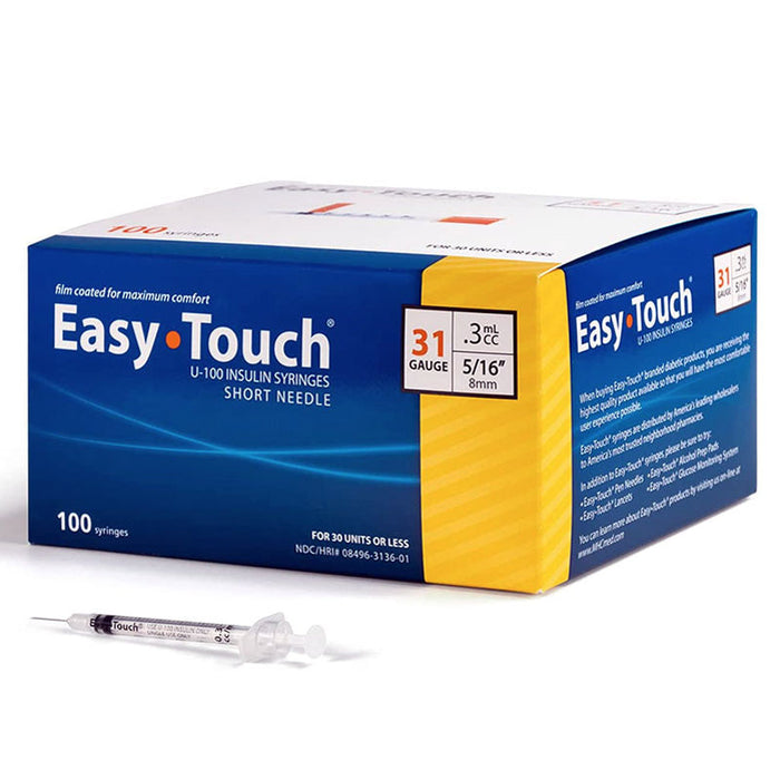 Easy Touch Insulin Syringes 31 Gauge, 0.3 mL, 5/16-inch size. Box of 100.