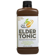 Bottle of Elder Tonic Multivitamin and Mineral Liquid Supplement, boosting senior health, energy, and immunity with natural nutrients.